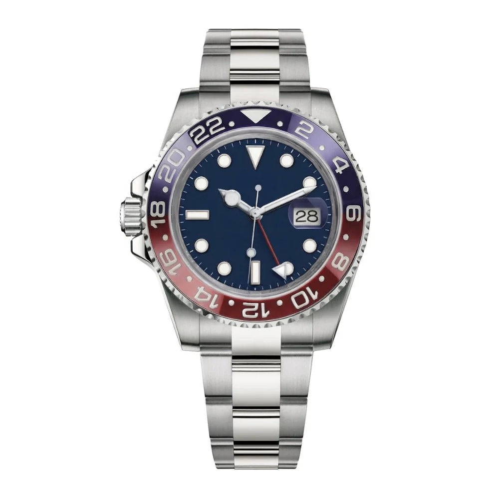Dual Time 40 – Black Dial | Steel Bracelet & Red-Blue Ceramic Bezel